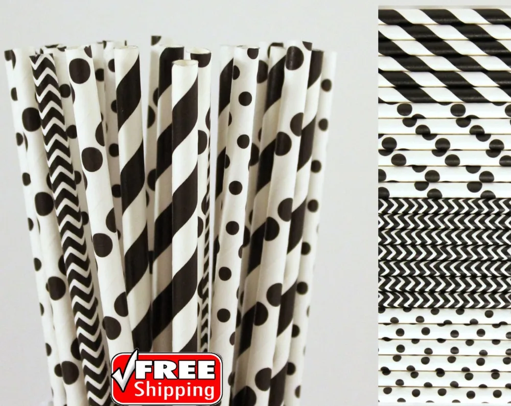 200 Pcs Mix 4 Designs Black and White Themed Paper Straws-Chevron,Striped,Dot Halloween Graduation Old Fashioned Mason Jar Bulk