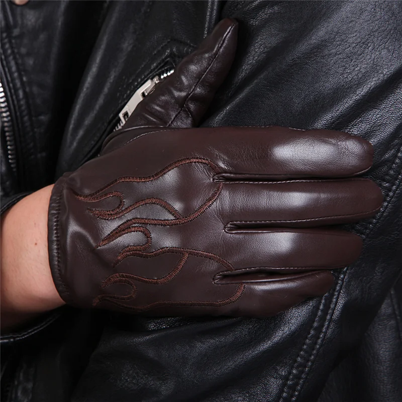 Autumn Winter Men's Sheepskin Gloves Male  Plus Velvet Thicken Warm Genuine Leather Touchscreen Gloves Motorcycle M050NC2-5