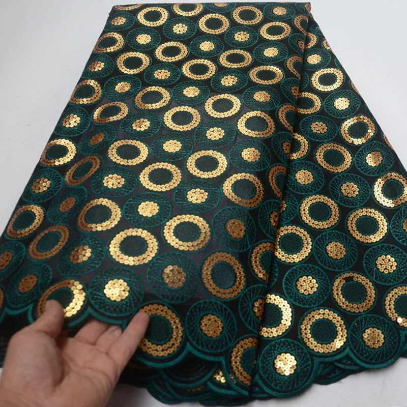 

(5yards/pc) newest African double organza lace fabric in deep green with gold sequins embroidery for party dress OP114