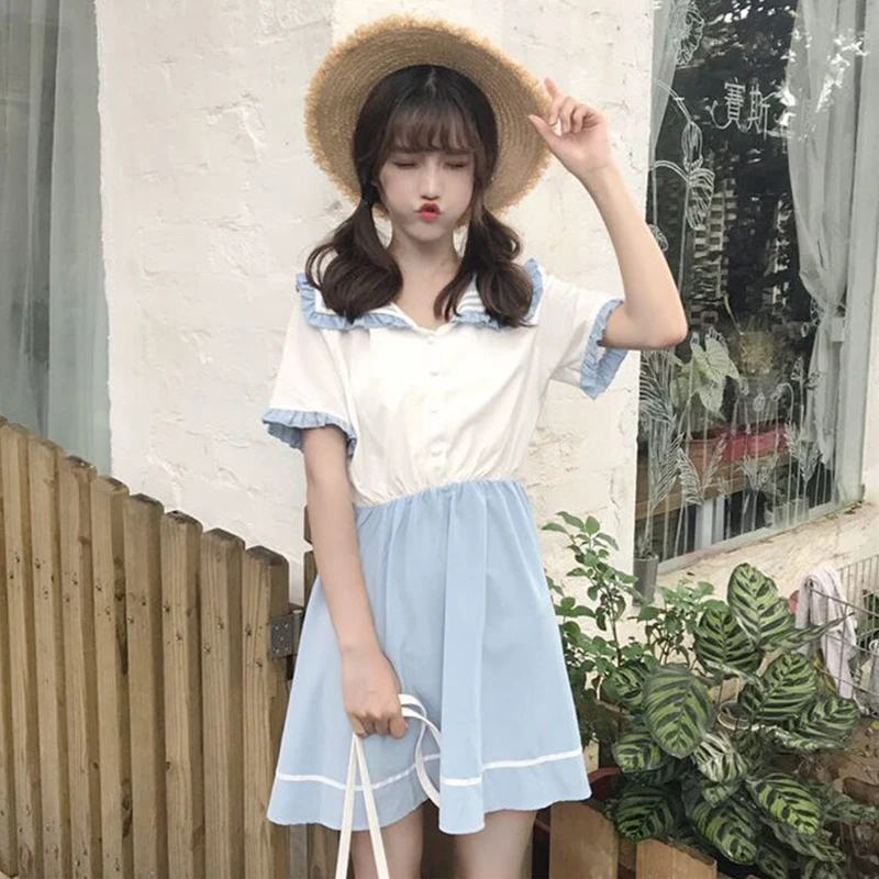 

2020 Japanese Fashion Cute Princess Lolita Dress Women Soft Sister Sailor Collar Stitching Color Kawaii Halloween Mini Dresses