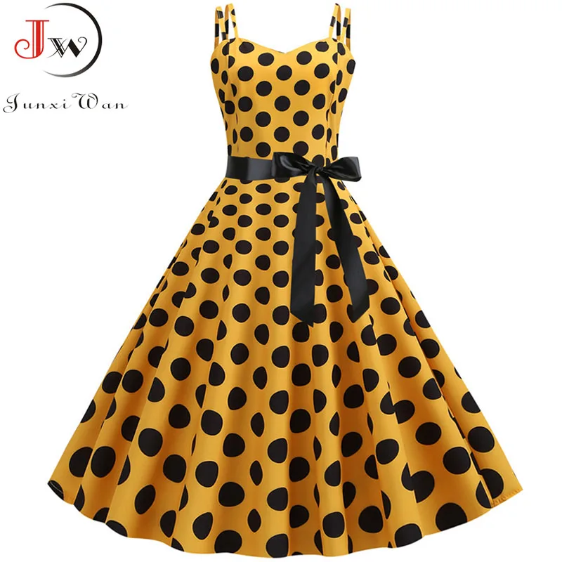 Kobiety lato seksowny pasek Spaghetti sukienka w kropki Vintage elegancka duża rozkloszowana sukienka Rockabilly Vestidos