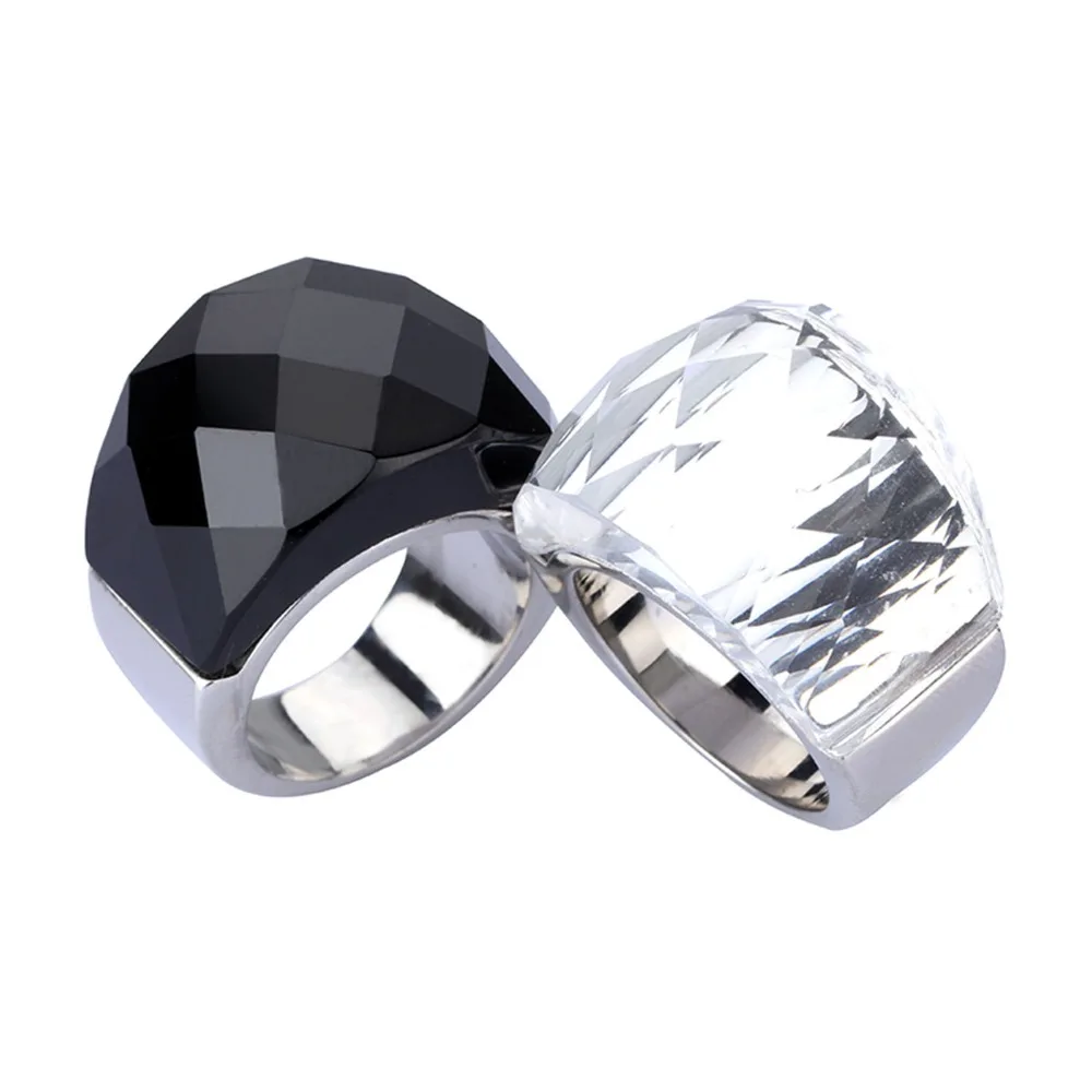 Stainless Steel Black & White Brand Design Delicate Shiny Big Crystal Stone Engagement Rings Trendy Ring Party Jewelry for Women