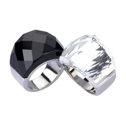 Stainless Steel Black & White Brand Design Delicate Shiny Big Crystal Stone Engagement Rings Trendy Ring Party Jewelry for Women