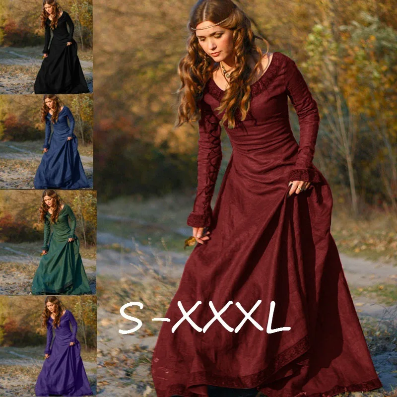 Women's Sexy Long Sleeve Vintage Medieval Dress Princess Renaissance Gothic Dresses Ladies Halloween Cosplay Costume