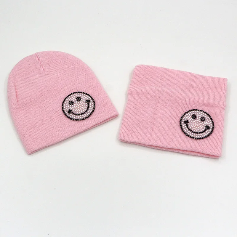 Conjunto de gorro y bufanda para niños y niñas, conjunto de 2 piezas, bonito Color sólido caramelo, sonrisa, gorro de punto, bufanda, cálido para