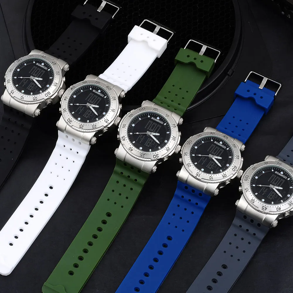 New BOAMIGO brand 3 Time zone men sports army navy military watches men Quartz Analog Digital LED rubber band wristwatches