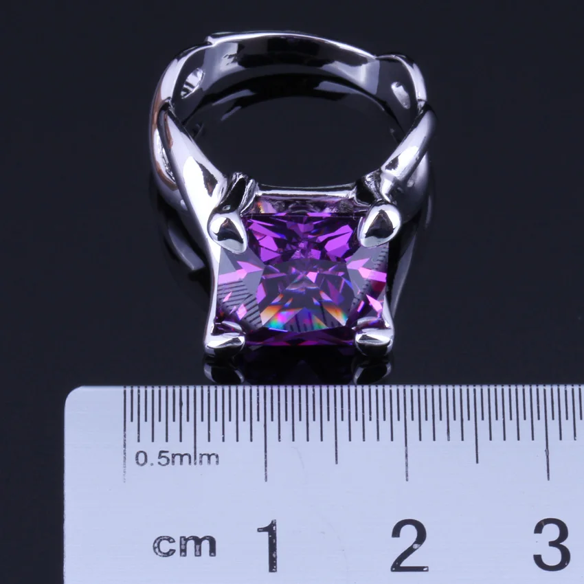 Magnificent Square Purple Cubic Zirconia Silver Plated Ring V0071