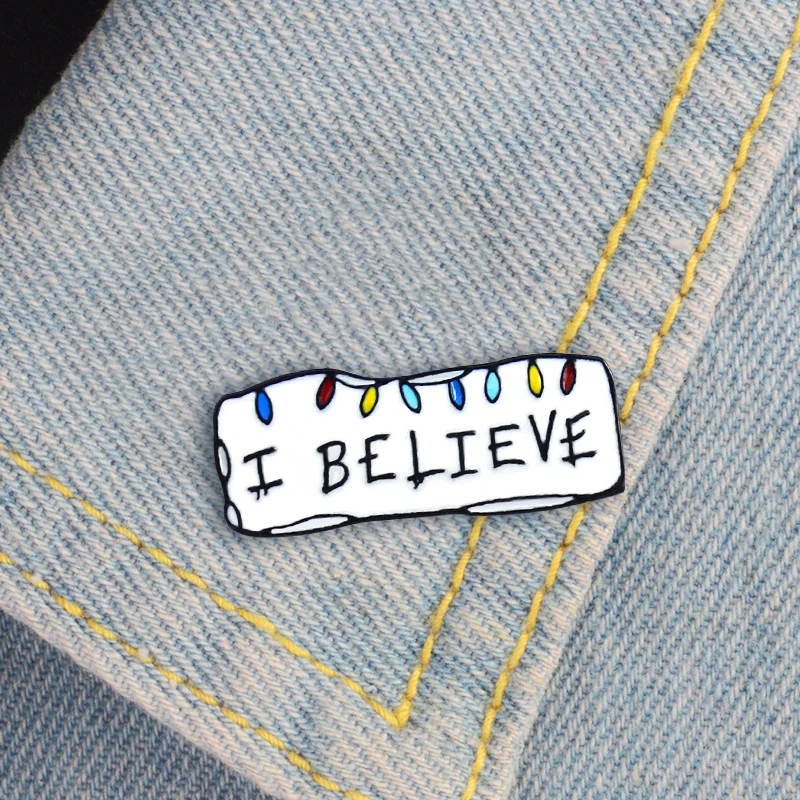 Festive Brooch I BELIEVE Christmas Stranger Things Christmas Lights Unique Lapel Pins Denim Shirt Hat Badge Christmas Punk Gifts