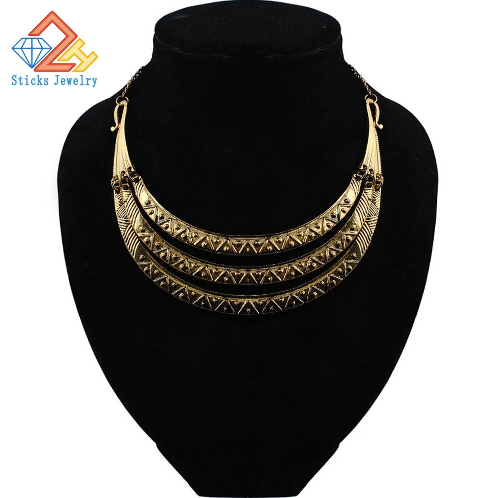 New Luxury Vintage Silver Bronze Three Layer Pendant Maxi Necklaces Women Big Gypsy Choker Statement Necklace