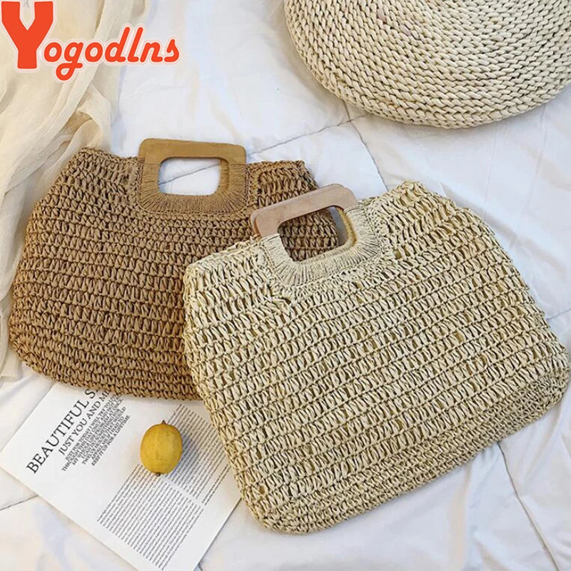 Yogodlns Casual Large Capacity Straw Beach Bag Wooden Handle Handbag Women Handmade Woven Bag Lady Casual Purses Summer Balii