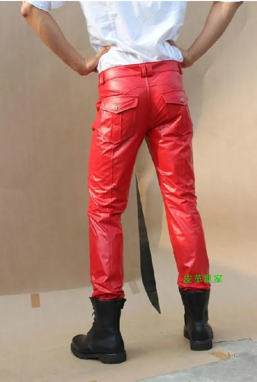 Free Shipping Men's Original Design Customize New Arrival Cowhide Thin Pants Low-waist Slim Genuine Leather Pants / 28-38