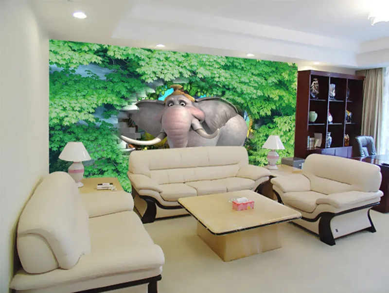 

Custom 3D murals, 3d cartoon elephant brick wall green leaf papel de parede ,living room sofa TV wall children bedroom wallpaper