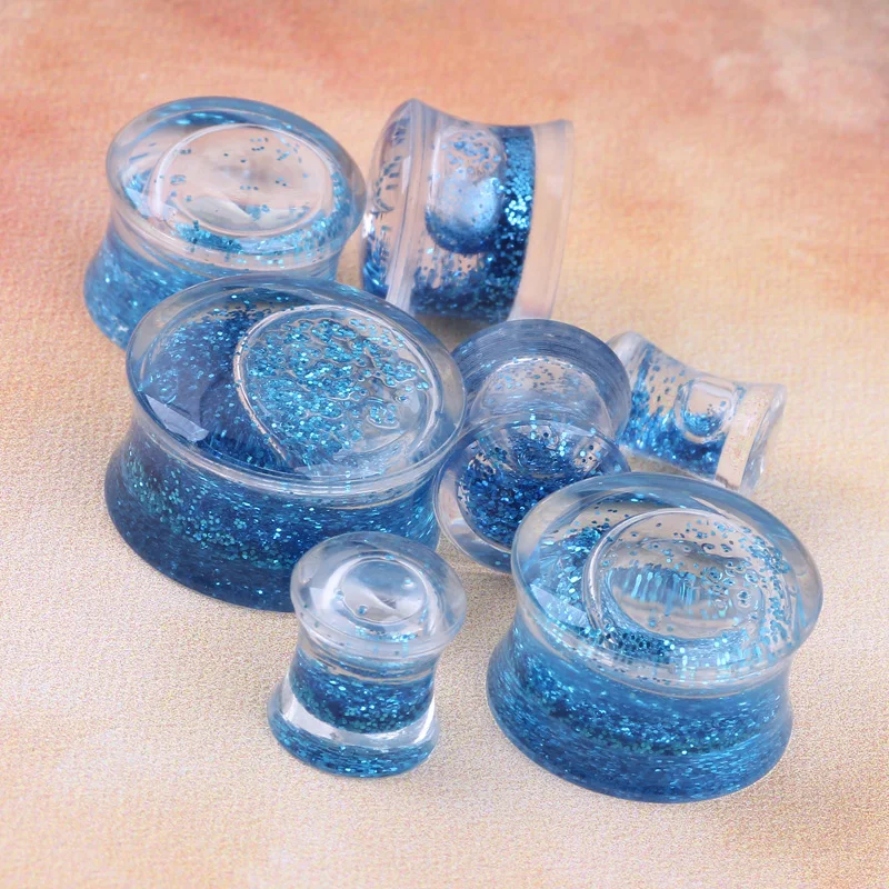 Promotion 1 Pair Blue Glitter Liquid  Ear Gauges Acrylic Ear Plug Earrings Gauges Body Piercing Jewellry Pircing Mixes