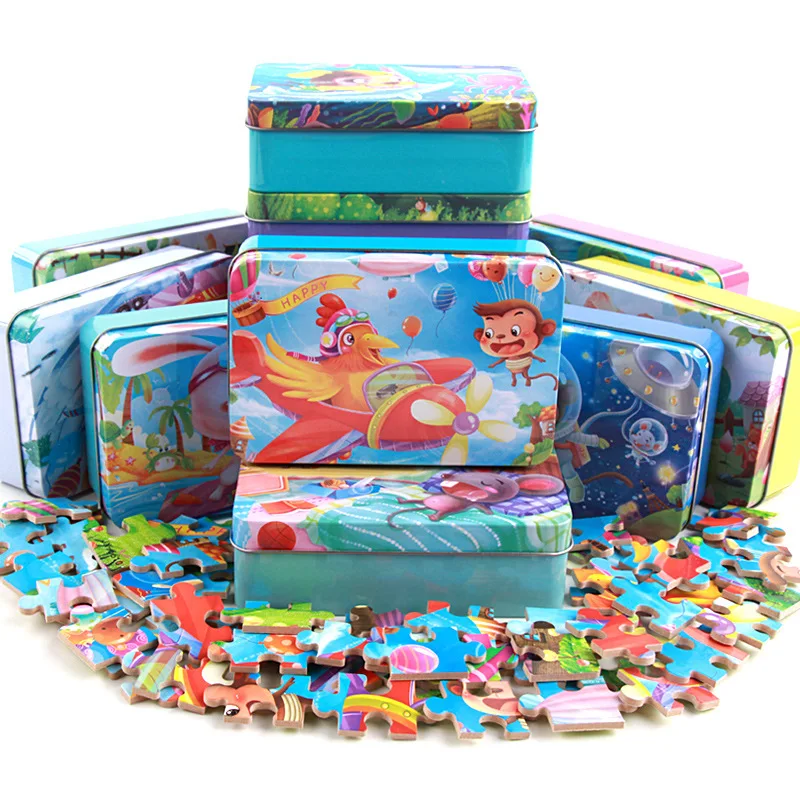 60 Pcs/Box Cute Cartoon Puzzle with Iron Box for Children Jigsaw Wooden Animal Puzzle Early Educational Toys for Kids Gift