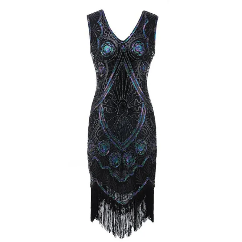 2021 Women Sequined Dress V Neck Beaded Sequined Art Deco Flapper Dress 1920s Vintage Party Dresses Sexy Great Gatsby Dress