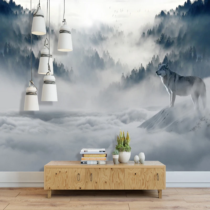 Kertas dinding 3D kertas dinding dekorasi rumah TV ruang tamu mural foto hewan serigala hutan kabut Modern kertas dinding untuk dinding 3D kertas dinding