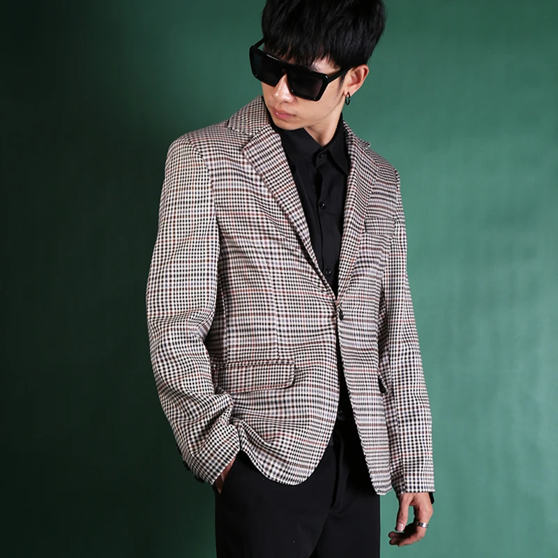 

New Men's Retro Houndstooth Visual Suits Personality Tide Korean Male Casual Small Suit Men Plaid Slim Blazer Plus Size Jacket