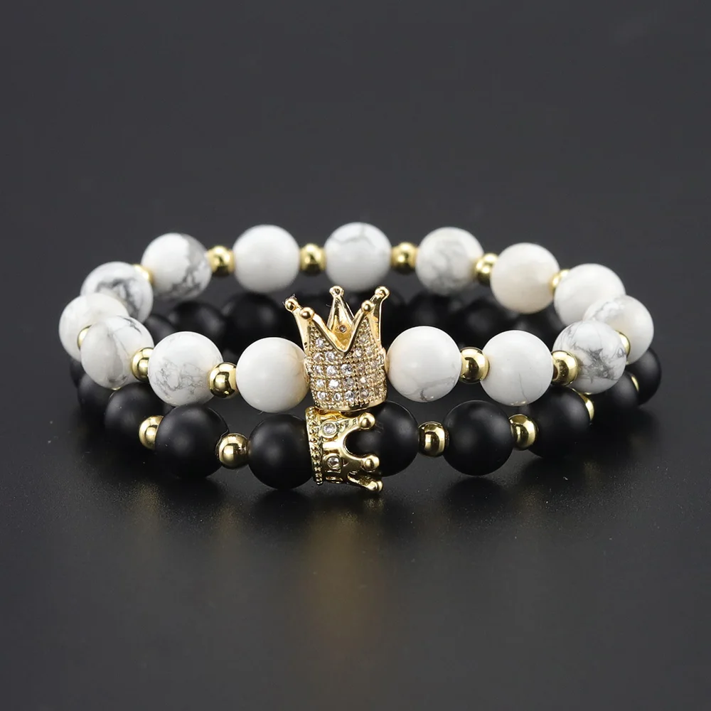 

2pcs/set King Queen Crown Charms Couple Women Bracelet Natural Stone Beads Handmade Bracelets & Bangles For Women Men Jewelry