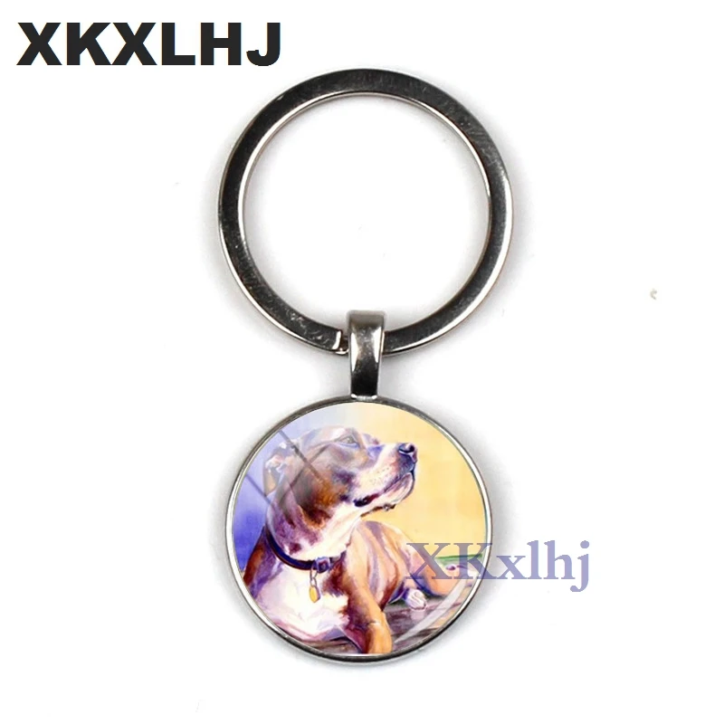 XKXLHJ 2018 Fashion Pit Bulldog Key Ring Pitbull Key Chain Glass Dome Key Chain Round Handmade Lady Keychain