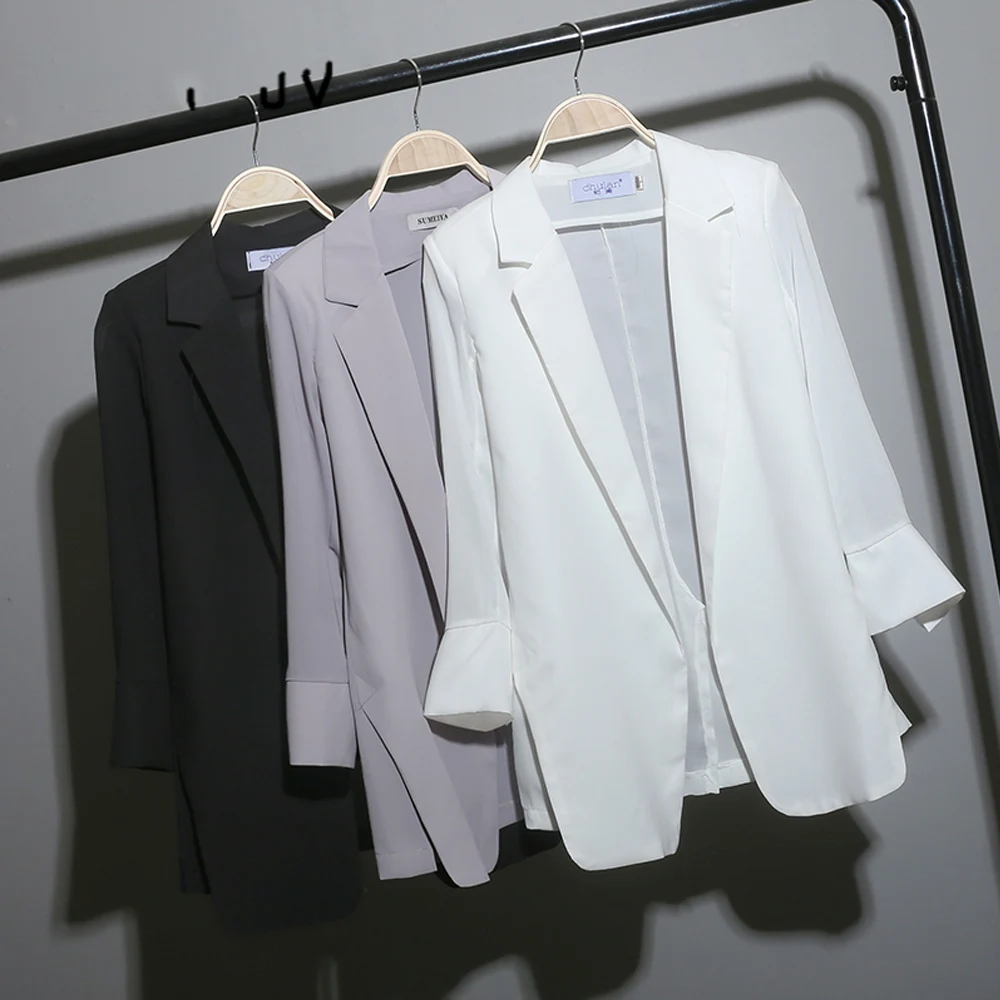 Women Blazers OL Long Chiffon 3/4 Sleeve Loose Suit Sun protection ladies Basic Jackets White Blazer Spring Summer Suits