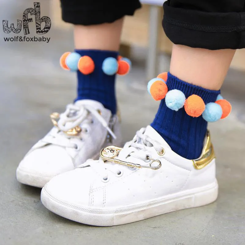 Retail 0-10years socks Cotton solid color Hairball newborn Kids children spring autumn fall winter