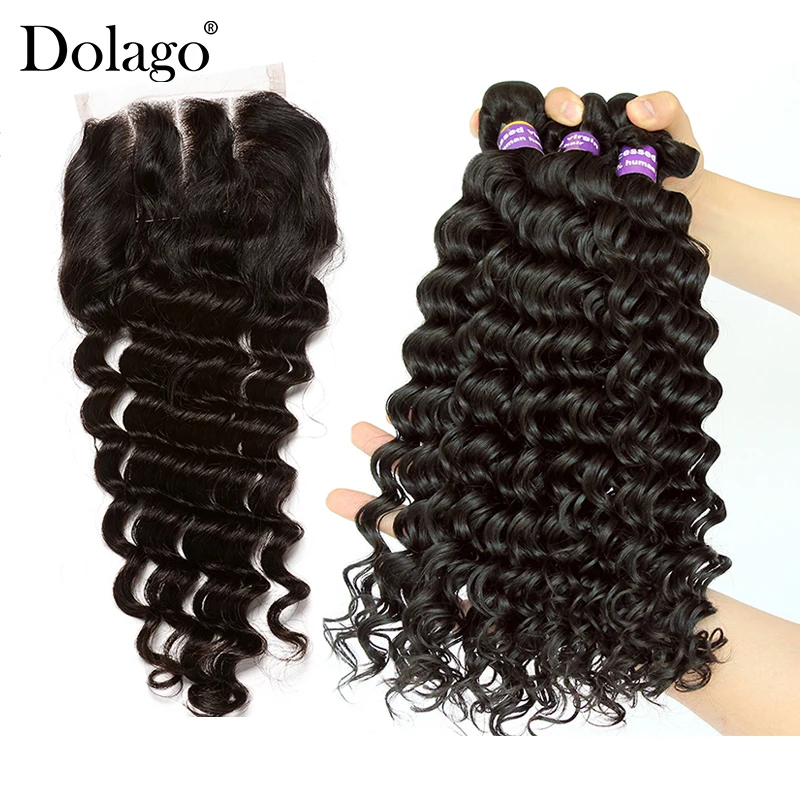 Extensiones de cabello humano virgen brasileño, mechones de ondas profundas con cierre, 3 y 4, productos Dolago