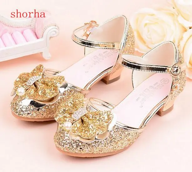 Summer girl shoes High Heels Princess Sandals Kids Wedding Beading Bowtie Shoes for Children Pink Gold Silver school  dance shoe