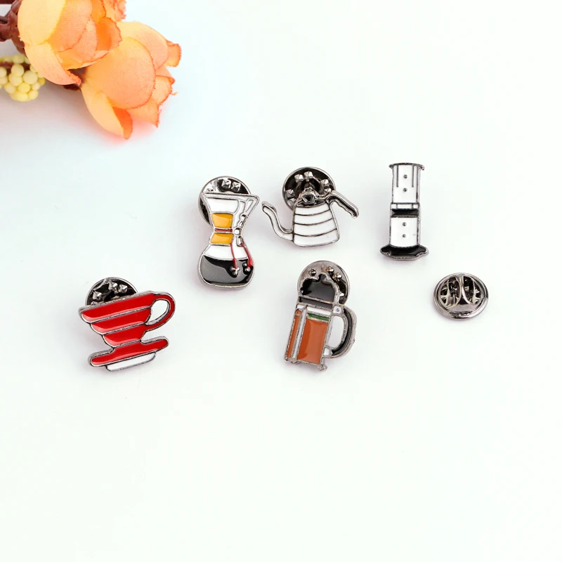 5 Styles Funny Coffee Using Tools Enamel Brooches Automatic Pot Set Filter Coffee Machine Cup Shaped Pins Shirt Jeans Decoration