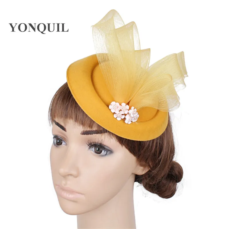 

NEW Girls Beautiful Gold Fedora Loops Hats Elegant Ladies Wedding Fascinators Felt Wool Hair Clips Wedding Race Headdress SYF279