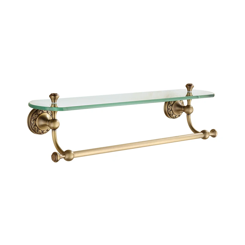 Bathroom Accessories Antique Brass Collection, Glass Shelf with Towel Bar,  Luxury European London Style for Home Organizer