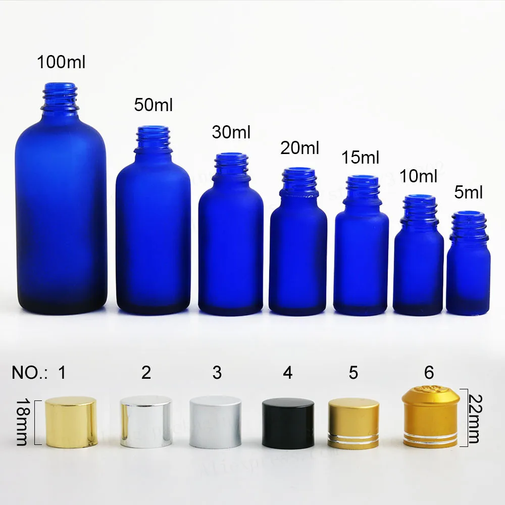 Frost Blue Glass Essential Oil Bottle With Aluminum Lids Reducers Cosmetic Containers 100ml 50ml 30ml 20ml 15ml 10ml 5ml 200pcs