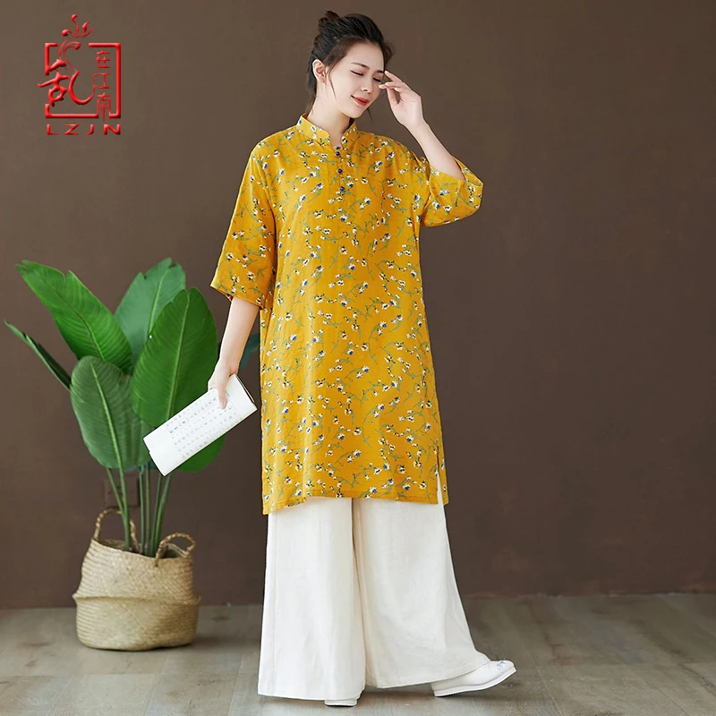 

LZJN 2019 Autumn Blouse Half Sleeve Chinese Style Shirt Ethnic Ladies Cotton Tunic Tops Floral Blouses for Women 2 Colors