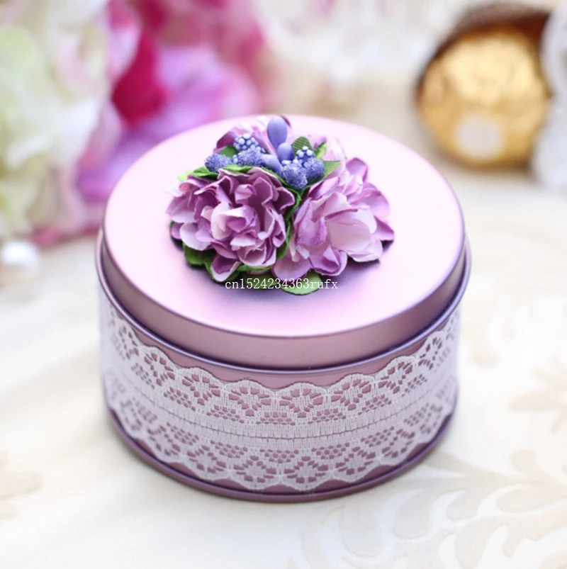 

50pcs Round Shape Gift Boxes Tinplate Wedding Candy Box With Beautiful Flower Small Party Favor