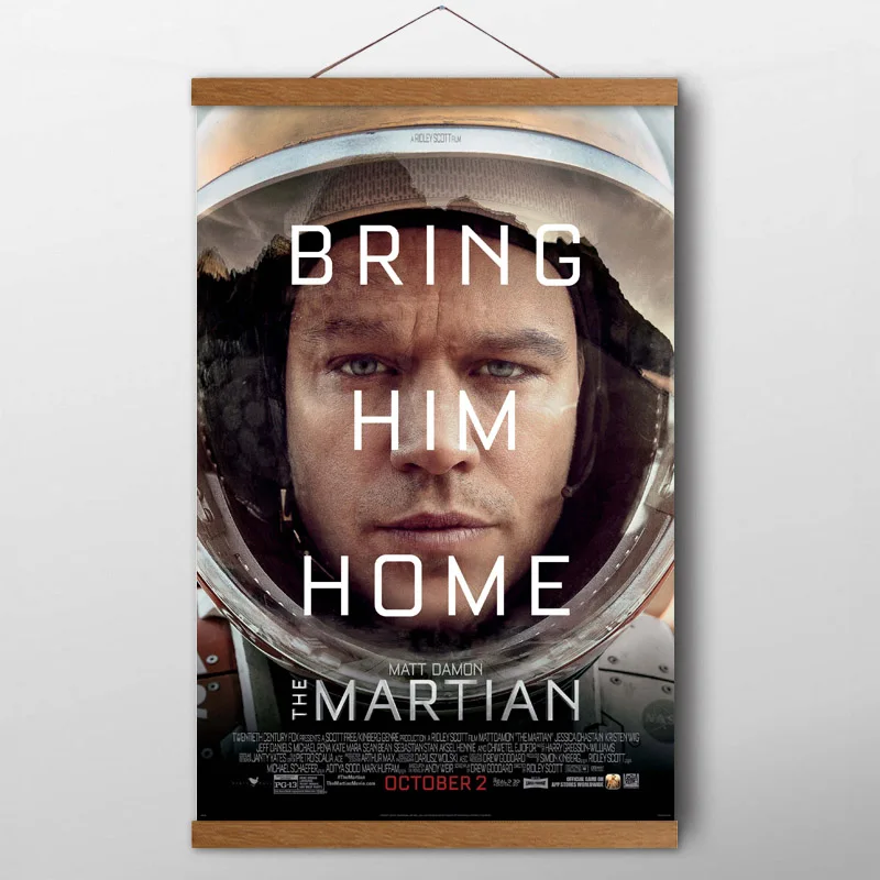 Teak Wood Scrolls Paintings Movie Poster The Martian Mars Astronaut Wall Art Canvas Prints Home Decoration