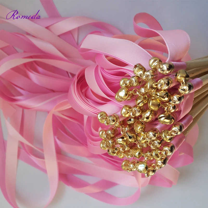 

50pcs/lot new arrived pink stain wedding ribbon streamers With gold Bells for wedding decoration