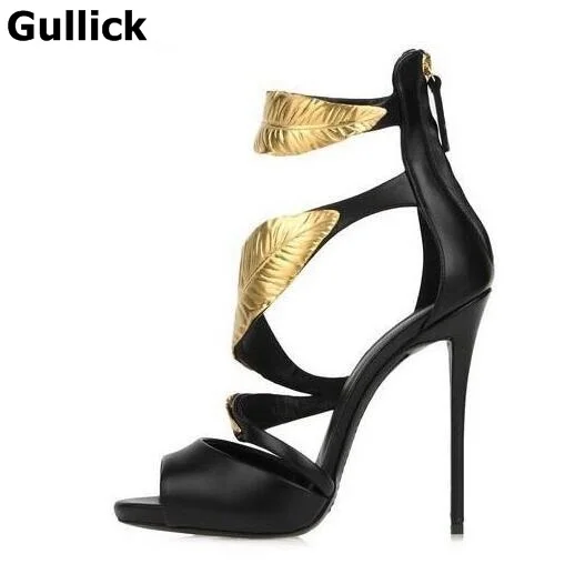 Gullick Big Size Gold Leaves Sandals High Heel Cut Outs Ankle Wrap Open Toe Summer Dress Shoes Zipper Thin Heels Cage Shoes