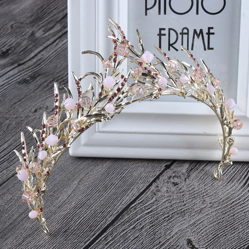 Baroque Bronze Vintage Princess Hair Crown Handmade Artificial Pink/Black Rhinestone Quinceanera Wedding Hair Accessory Hairwear