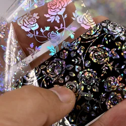 4*100Cm/Roll 3D Holografische Rose Bloemen Ontwerp Laser Folie Stickers Manicure Nagel Decoratie Nail Art gereedschap