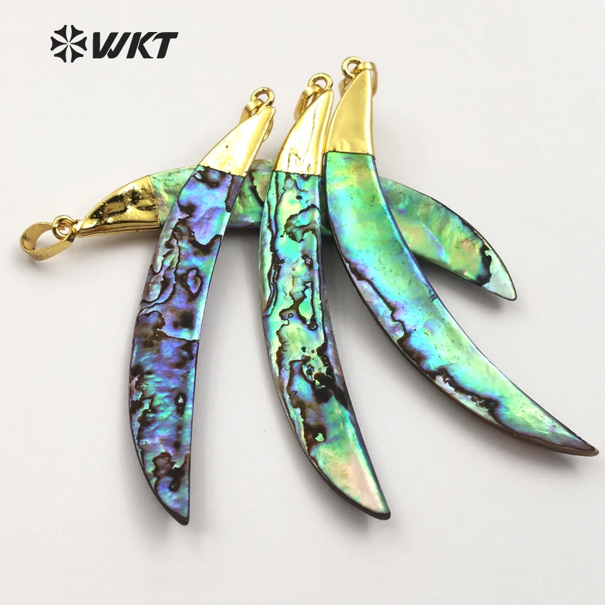 

WT-P522 Wholesale Natural paua abalone horn pendant single bail gold cap shell abalone pendants