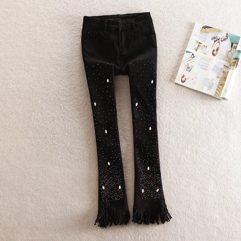 

wholesale fashion riped diamond beading jeans female street style tassel stitching diamond slim wide leg jeans wq2206 dropship