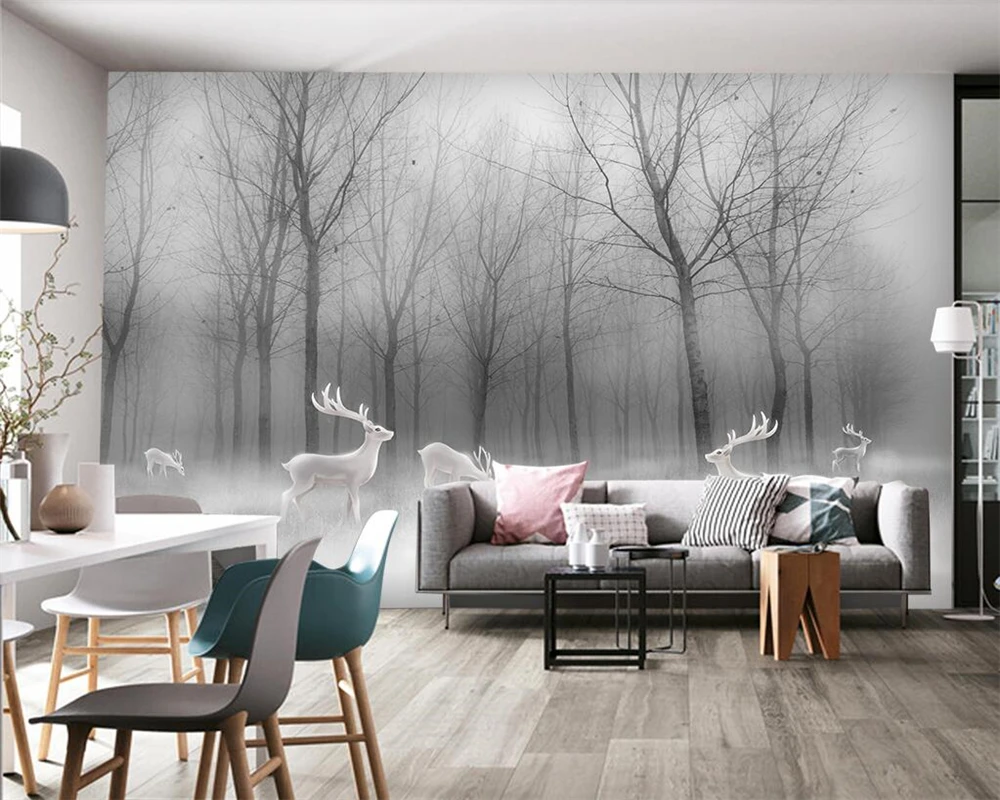 

Beibehang Custom wallpaper Nordic forest Elk Abstract Woods Black and white landscape TV backdrop Home decor murals 3d wallpaper