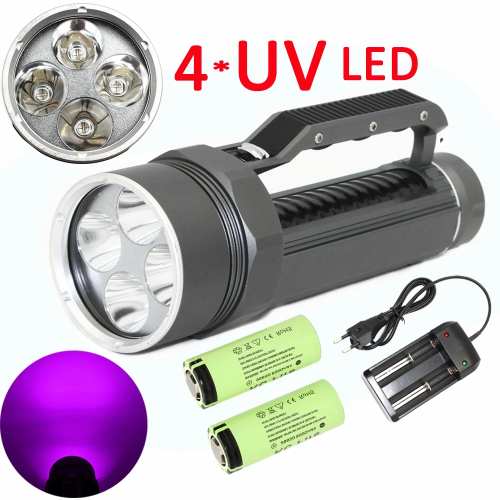 20W Ultraviolet Diving Flashlight 4x UV LED Waterproof 395nm Purple Light Lamp Torch Linterna+2x 26650 Battery +Charger