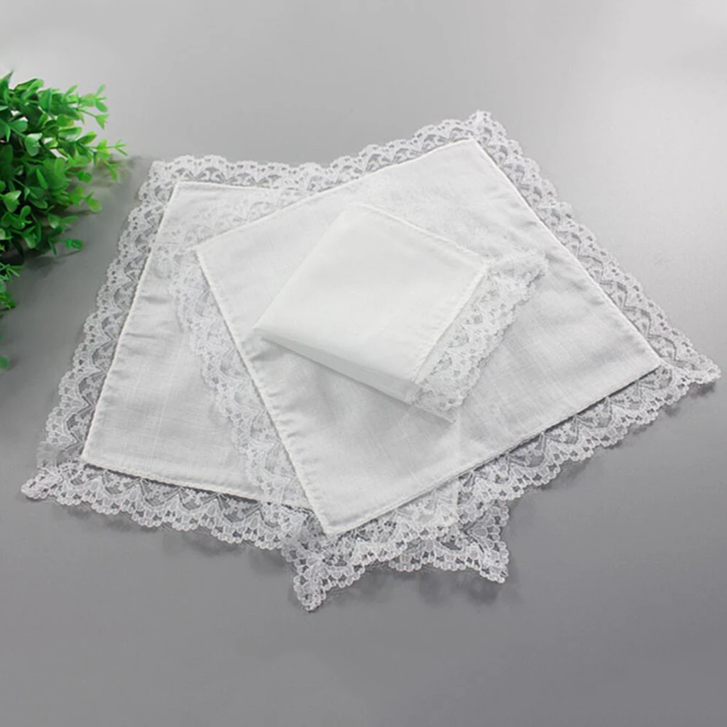 5 Pieces Ladies Embroidery Cotton Handkerchiefs Lace Border White Hanky for Wedding Party Banquet