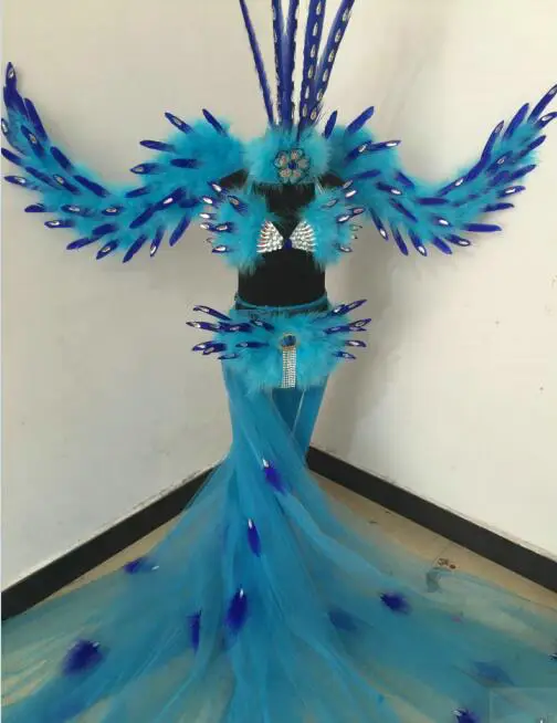 Bikini girls stage shows feather long dresses exaggerated feather backpack cosplay feather costumes for girl