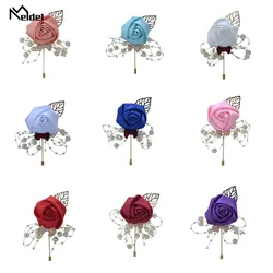 Meldel ramillete de boda para novio, flor de Rosa de lujo, broche de perlas falsas, Pin de solapa, insignia, botonadura, fiesta de graduación