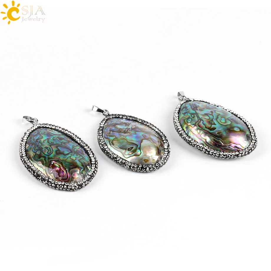 CSJA New Zealand Natural Abalone Oyster Paua Shell Pendants Necklace Mother of Pearl Beads Rhinestone Reiki Jewelry Making E525