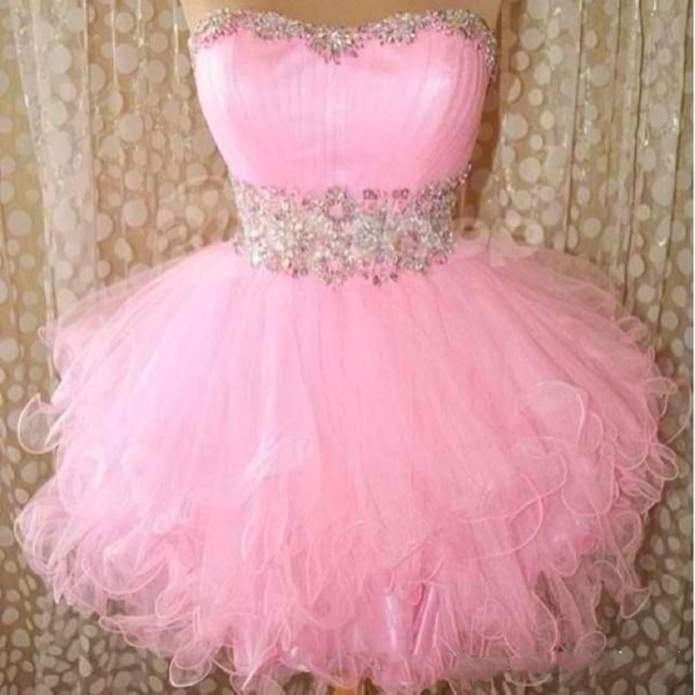 2022 Pink Ball Gown Homecoming ไม่มีที่สิ้นสุดลูกปัดสั้น Mini Graduation Party Gowns สำหรับสาวจริงภาพค็อกเทลชุด