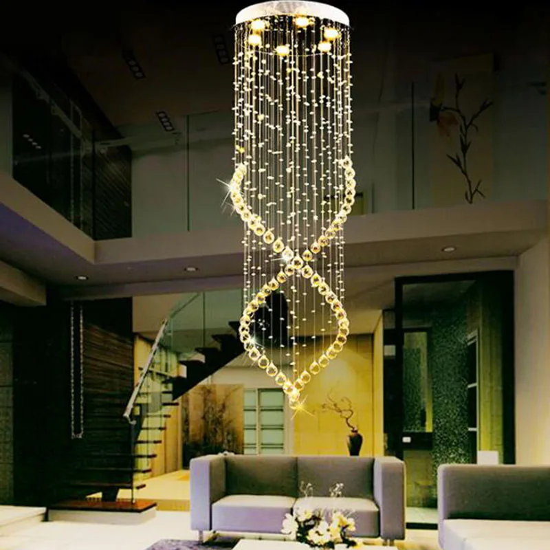 Lampu gantung kristal Modern, lampu kristal LED tangga dupleks untuk langit-langit Villa lorong Droplight
