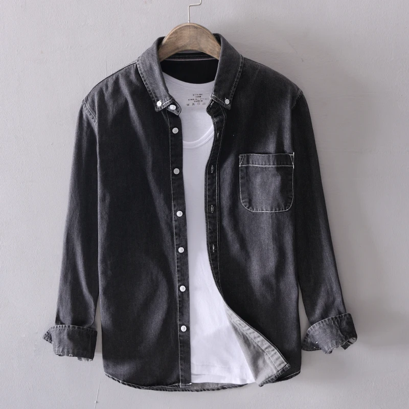 

New Italy style long-sleeved denim cotton shirt men brand spring fashion jeans black shirts male casual tops shirt mens camisa
