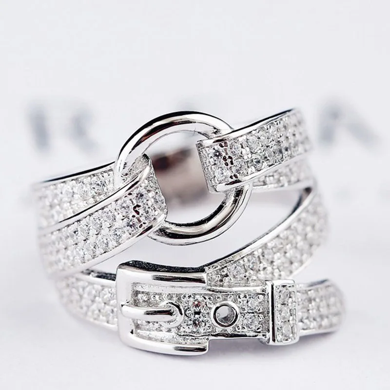 60% Silver Rings for Women Cubic Zircon Punk Rock Belt 925 Sterling Silver Female Wide Finger Ring Adjustable Bague Gift